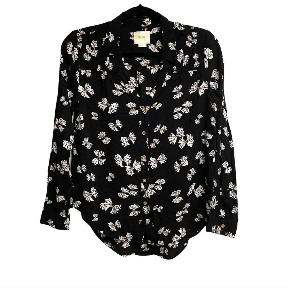 ANTHROPOLOGIE Maeve Button Front Blouse Shirt Top Bow Print Black White 0